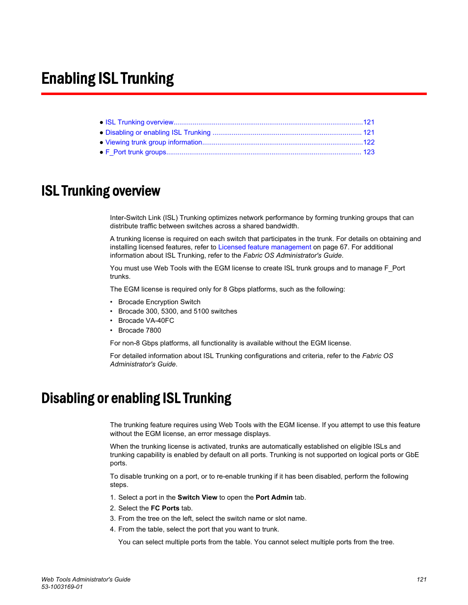 Enabling isl trunking, Isl trunking overview, Disabling or enabling isl trunking | Brocade Web Tools Administrators Guide (Supporting Fabric OS v7.3.0) User Manual | Page 121 / 274