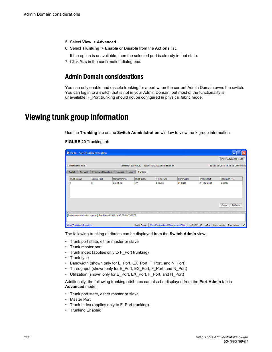 Admin domain considerations, Viewing trunk group information | Brocade Web Tools Administrators Guide (Supporting Fabric OS v7.3.0) User Manual | Page 122 / 274