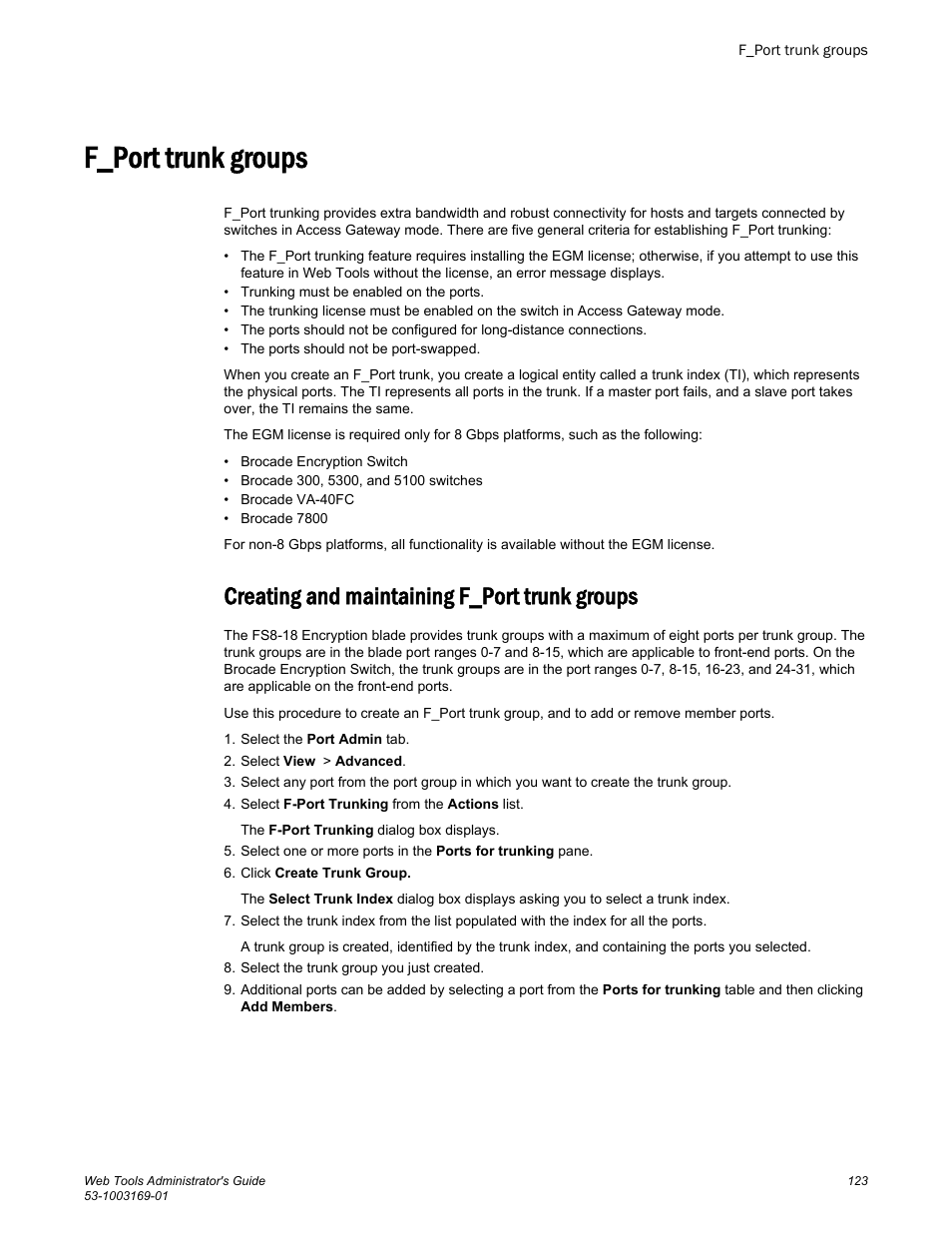 F_port trunk groups, Creating and maintaining f_port trunk groups | Brocade Web Tools Administrators Guide (Supporting Fabric OS v7.3.0) User Manual | Page 123 / 274