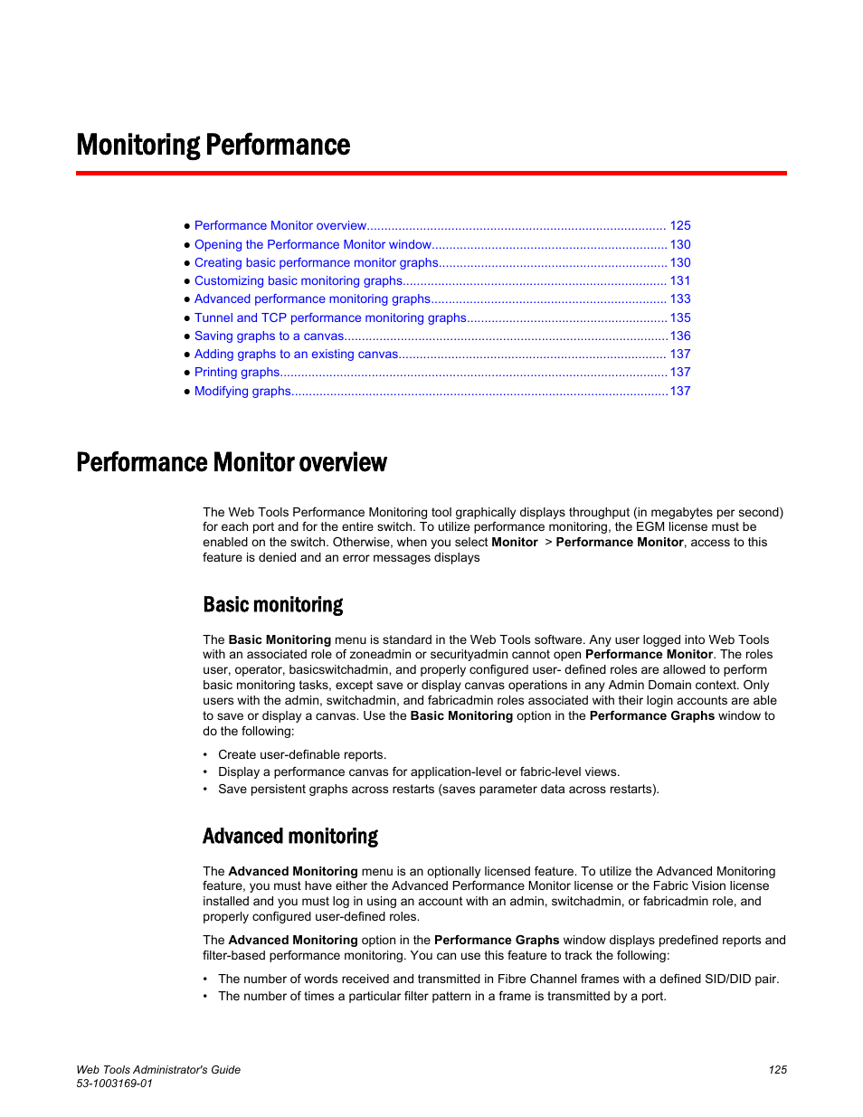 Monitoring performance, Performance monitor overview, Basic monitoring | Advanced monitoring, Basic monitoring advanced monitoring | Brocade Web Tools Administrators Guide (Supporting Fabric OS v7.3.0) User Manual | Page 125 / 274