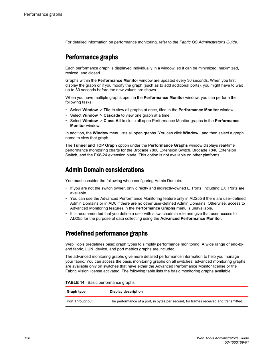 Performance graphs, Admin domain considerations, Predefined performance graphs | Brocade Web Tools Administrators Guide (Supporting Fabric OS v7.3.0) User Manual | Page 126 / 274