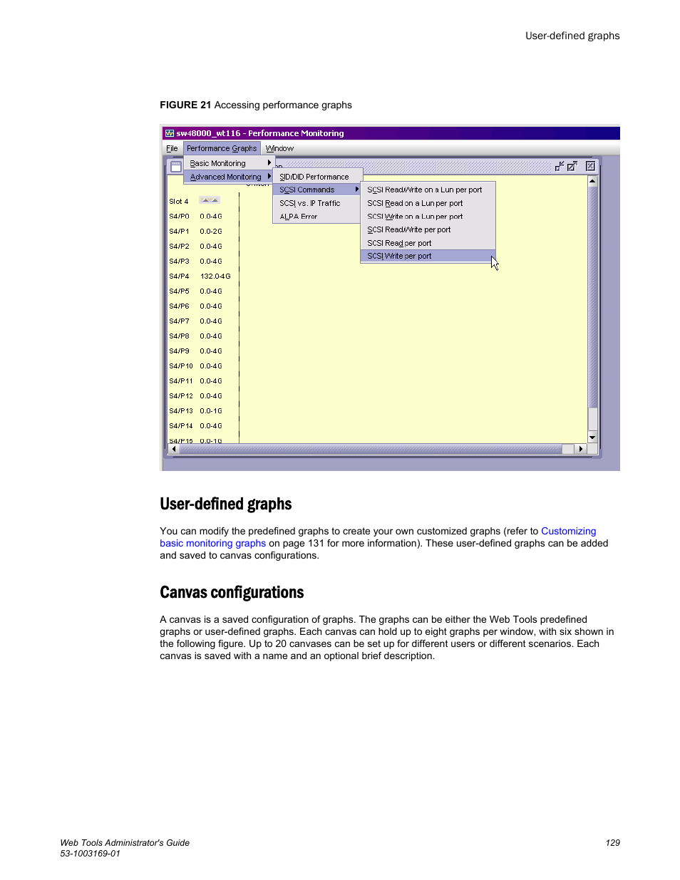 User-defined graphs, Canvas configurations, User-defined graphs canvas configurations | Brocade Web Tools Administrators Guide (Supporting Fabric OS v7.3.0) User Manual | Page 129 / 274