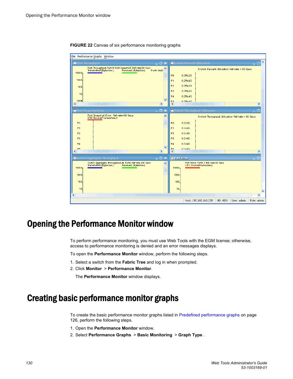 Opening the performance monitor window, Creating basic performance monitor graphs | Brocade Web Tools Administrators Guide (Supporting Fabric OS v7.3.0) User Manual | Page 130 / 274