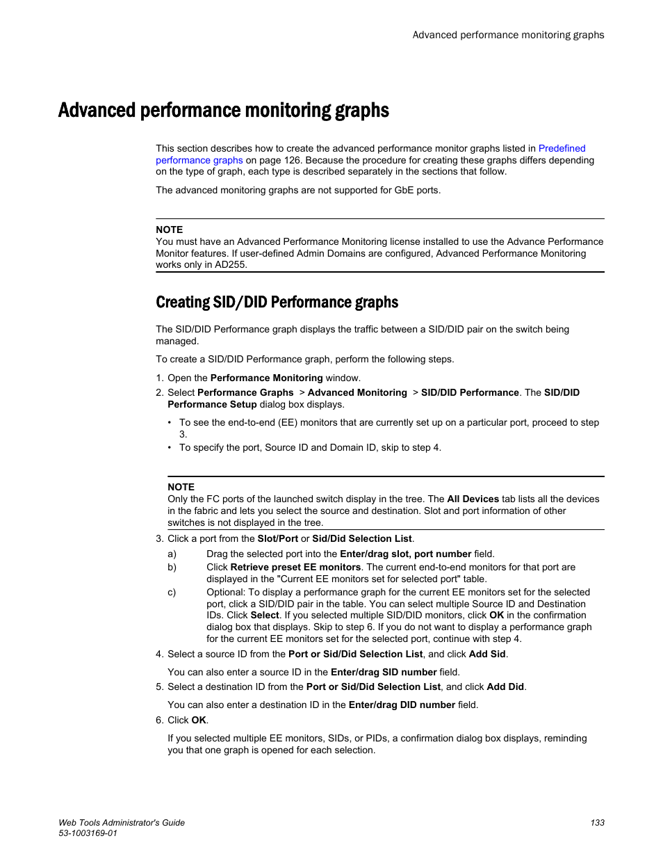 Advanced performance monitoring graphs, Creating sid/did performance graphs, Creating sid/did | Performance graphs | Brocade Web Tools Administrators Guide (Supporting Fabric OS v7.3.0) User Manual | Page 133 / 274