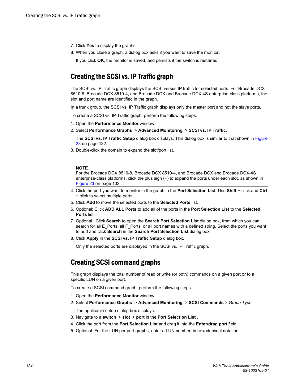 Creating the scsi vs. ip traffic graph, Creating scsi command graphs, Information, refer to | More information, refer to | Brocade Web Tools Administrators Guide (Supporting Fabric OS v7.3.0) User Manual | Page 134 / 274