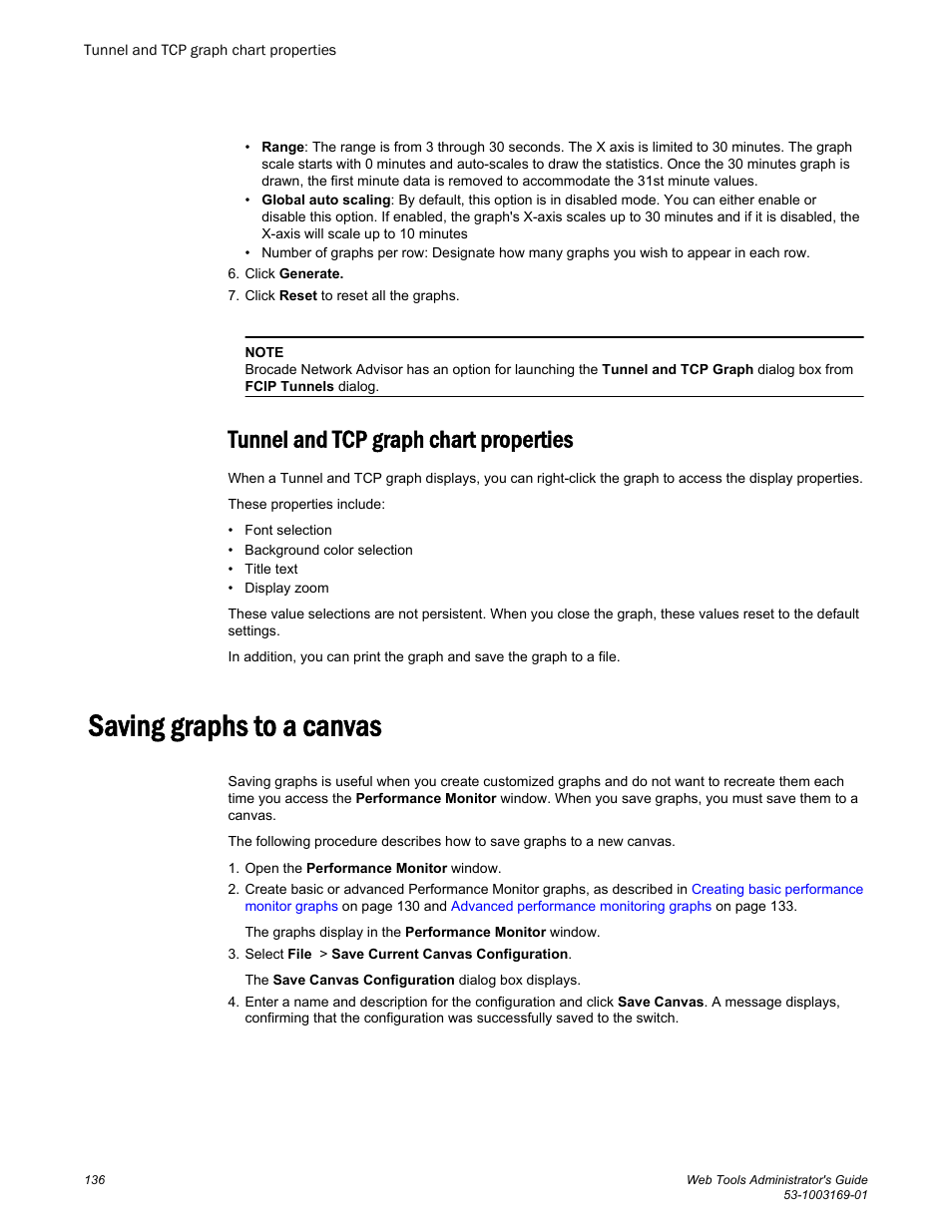 Tunnel and tcp graph chart properties, Saving graphs to a canvas | Brocade Web Tools Administrators Guide (Supporting Fabric OS v7.3.0) User Manual | Page 136 / 274