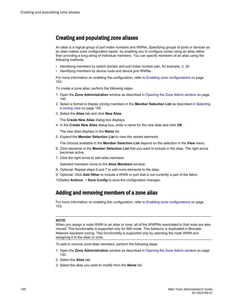 Creating and populating zone aliases, Adding and removing members of a zone alias | Brocade Web Tools Administrators Guide (Supporting Fabric OS v7.3.0) User Manual | Page 146 / 274