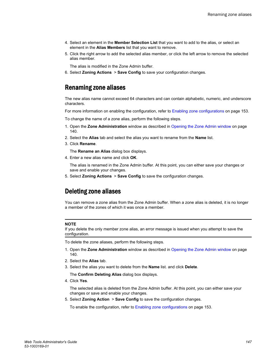 Renaming zone aliases, Deleting zone aliases, Renaming zone aliases deleting zone aliases | Brocade Web Tools Administrators Guide (Supporting Fabric OS v7.3.0) User Manual | Page 147 / 274