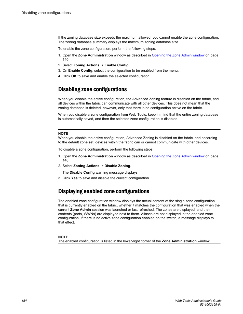 Disabling zone configurations, Displaying enabled zone configurations | Brocade Web Tools Administrators Guide (Supporting Fabric OS v7.3.0) User Manual | Page 154 / 274