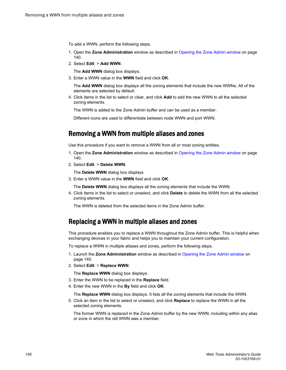 Removing a wwn from multiple aliases and zones, Replacing a wwn in multiple aliases and zones | Brocade Web Tools Administrators Guide (Supporting Fabric OS v7.3.0) User Manual | Page 156 / 274