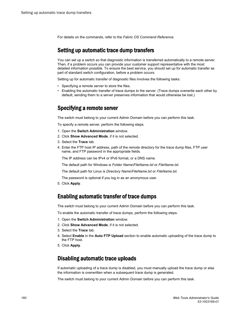 Setting up automatic trace dump transfers, Specifying a remote server, Enabling automatic transfer of trace dumps | Disabling automatic trace uploads, Refer to | Brocade Web Tools Administrators Guide (Supporting Fabric OS v7.3.0) User Manual | Page 160 / 274