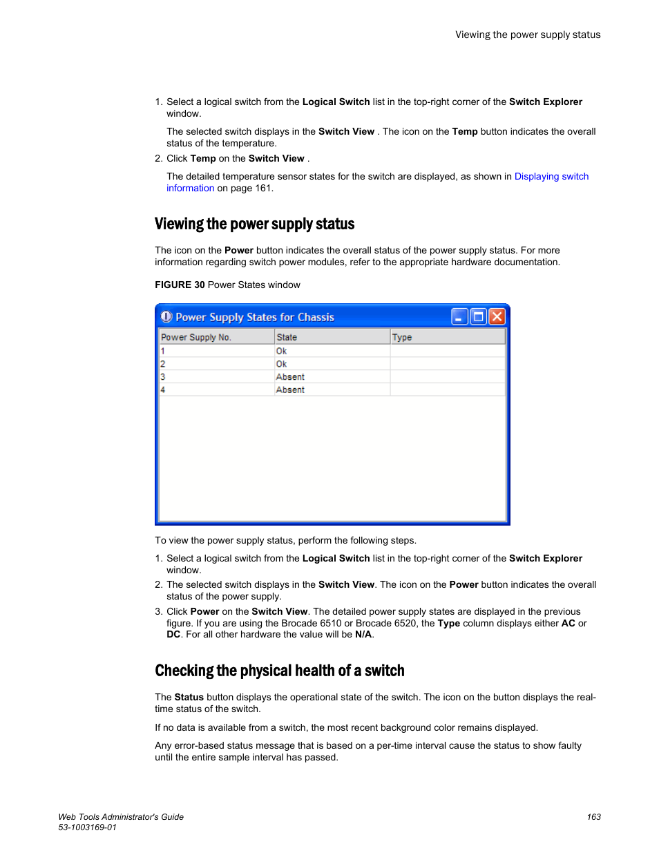 Viewing the power supply status, Checking the physical health of a switch | Brocade Web Tools Administrators Guide (Supporting Fabric OS v7.3.0) User Manual | Page 163 / 274