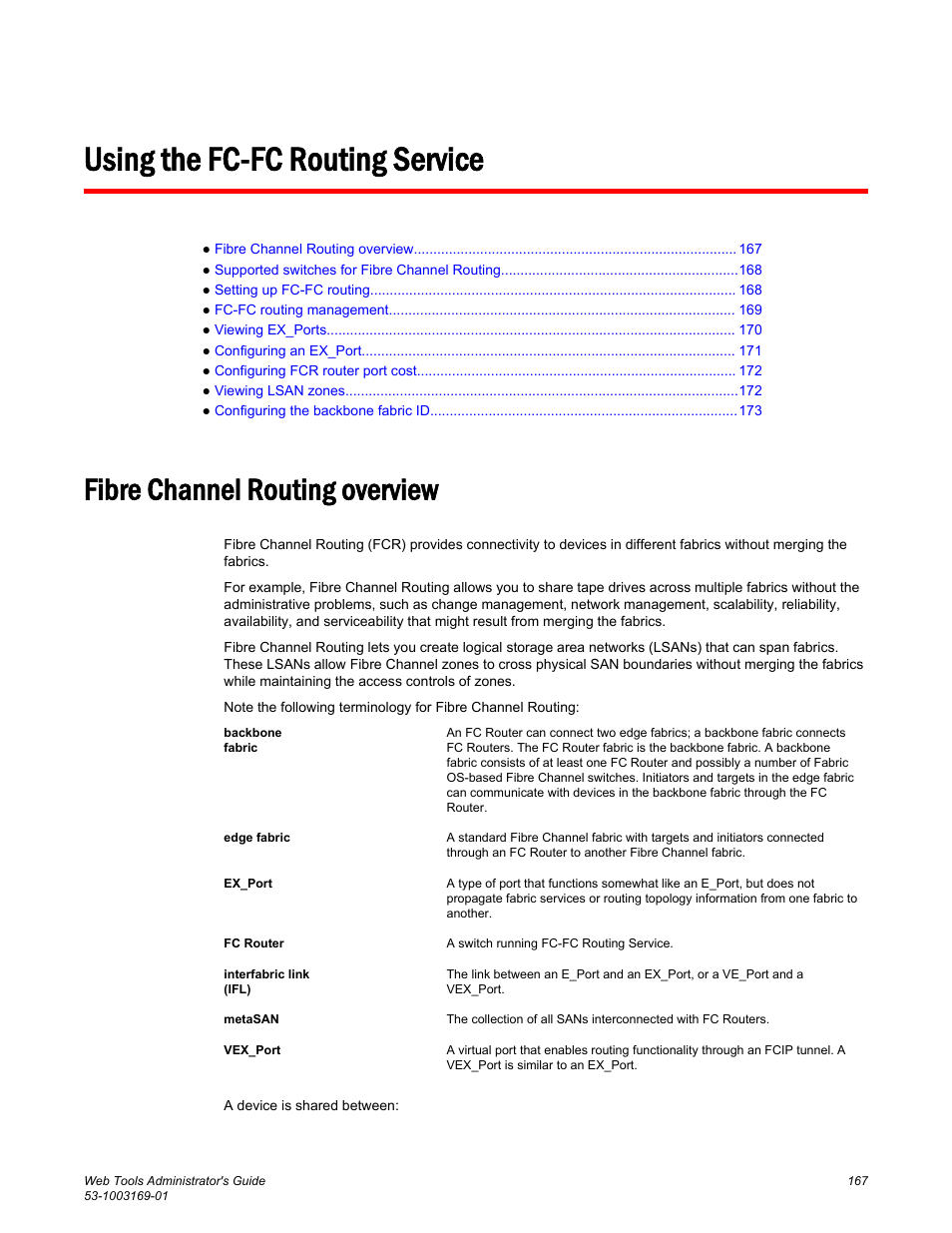 Using the fc-fc routing service, Fibre channel routing overview | Brocade Web Tools Administrators Guide (Supporting Fabric OS v7.3.0) User Manual | Page 167 / 274