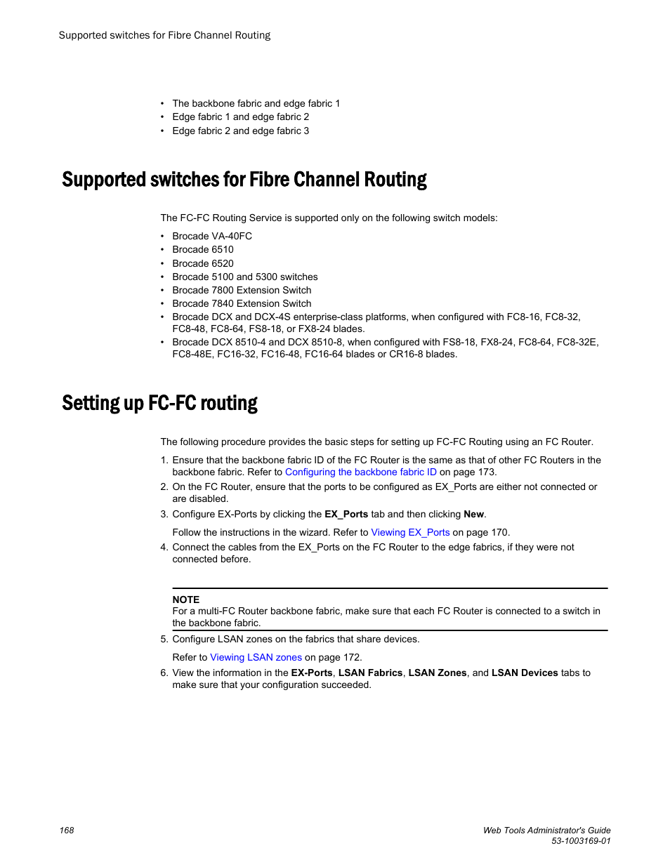 Supported switches for fibre channel routing, Setting up fc-fc routing | Brocade Web Tools Administrators Guide (Supporting Fabric OS v7.3.0) User Manual | Page 168 / 274