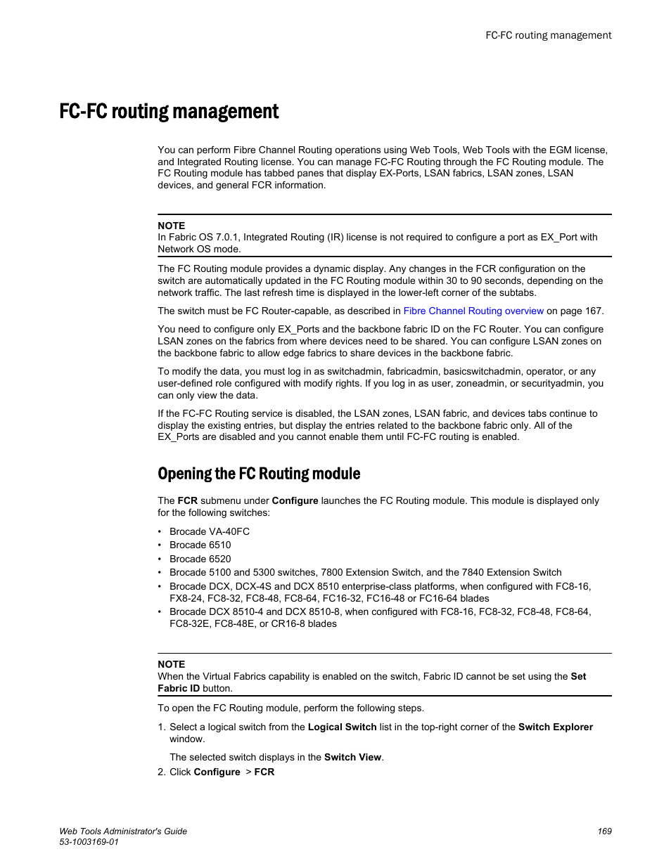 Fc-fc routing management, Opening the fc routing module | Brocade Web Tools Administrators Guide (Supporting Fabric OS v7.3.0) User Manual | Page 169 / 274