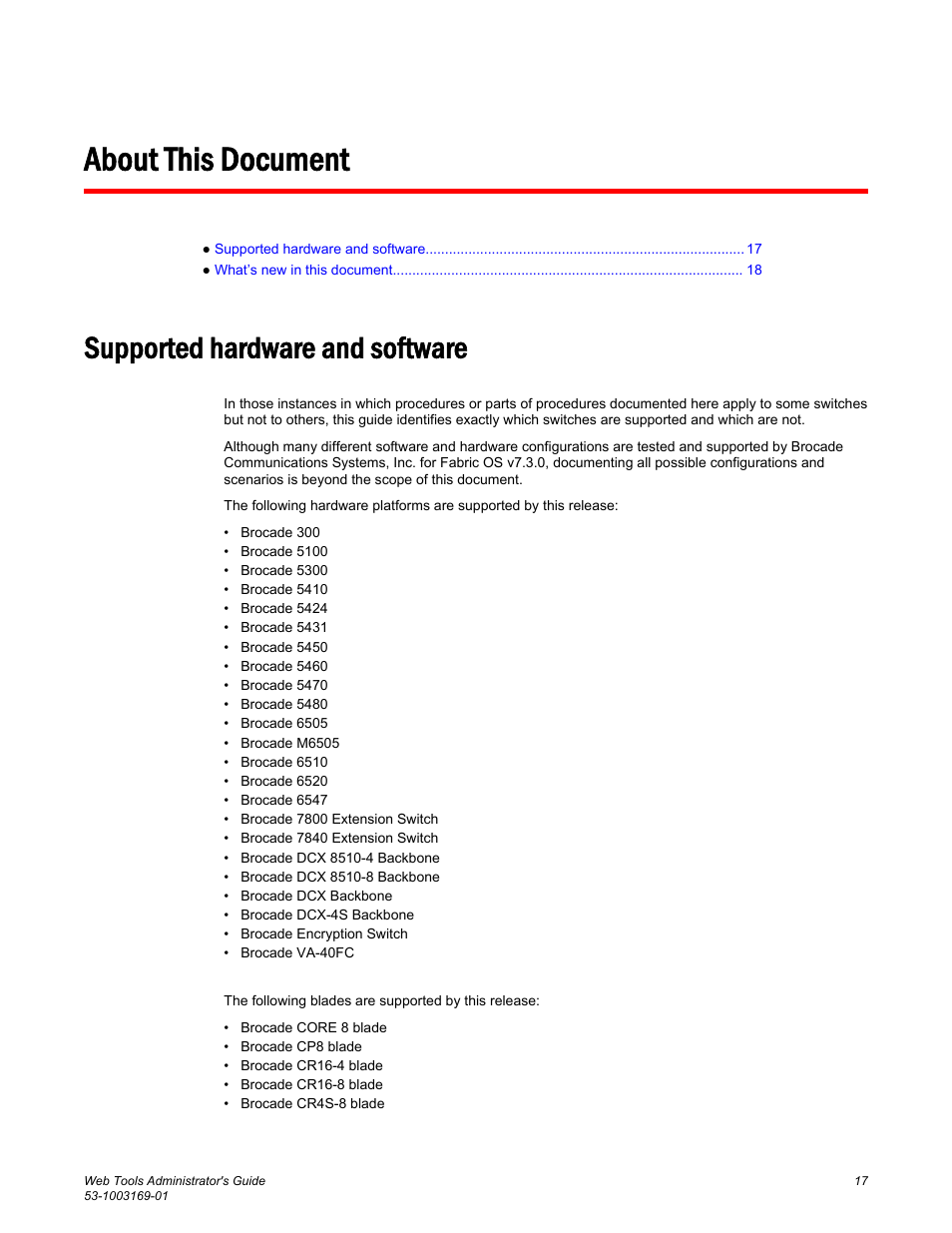 About this document, Supported hardware and software | Brocade Web Tools Administrators Guide (Supporting Fabric OS v7.3.0) User Manual | Page 17 / 274