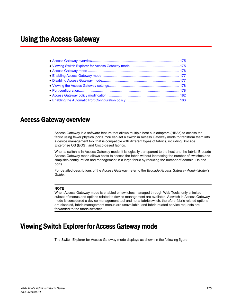 Using the access gateway, Access gateway overview, Viewing switch explorer for access gateway mode | Brocade Web Tools Administrators Guide (Supporting Fabric OS v7.3.0) User Manual | Page 175 / 274