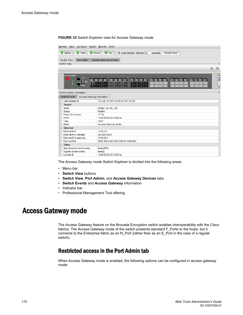 Access gateway mode, Restricted access in the port admin tab | Brocade Web Tools Administrators Guide (Supporting Fabric OS v7.3.0) User Manual | Page 176 / 274