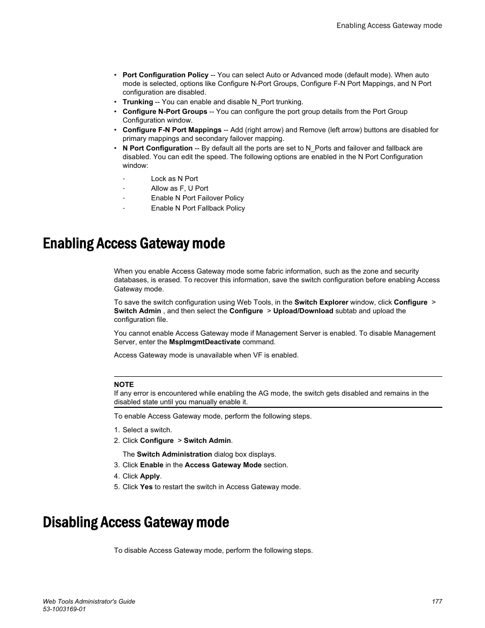 Enabling access gateway mode, Disabling access gateway mode | Brocade Web Tools Administrators Guide (Supporting Fabric OS v7.3.0) User Manual | Page 177 / 274