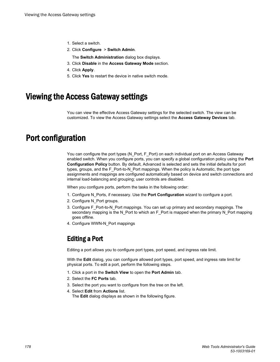 Viewing the access gateway settings, Port configuration, Editing a port | Brocade Web Tools Administrators Guide (Supporting Fabric OS v7.3.0) User Manual | Page 178 / 274