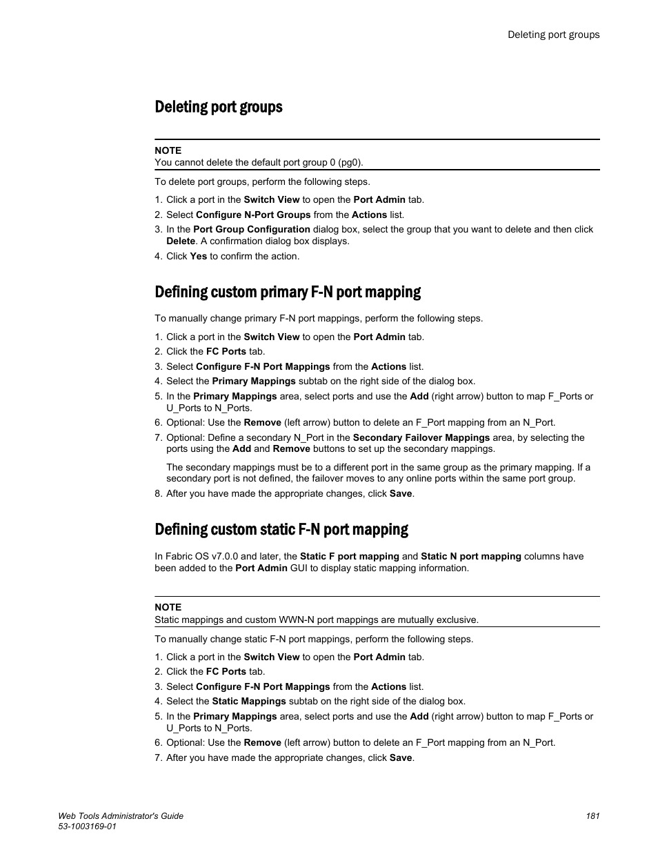 Deleting port groups, Defining custom primary f-n port mapping, Defining custom static f-n port mapping | Brocade Web Tools Administrators Guide (Supporting Fabric OS v7.3.0) User Manual | Page 181 / 274