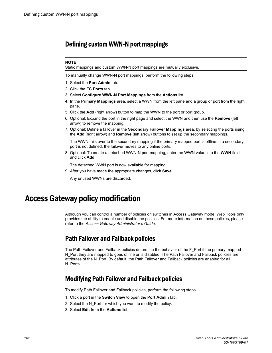 Defining custom wwn-n port mappings, Access gateway policy modification, Path failover and failback policies | Modifying path failover and failback policies | Brocade Web Tools Administrators Guide (Supporting Fabric OS v7.3.0) User Manual | Page 182 / 274