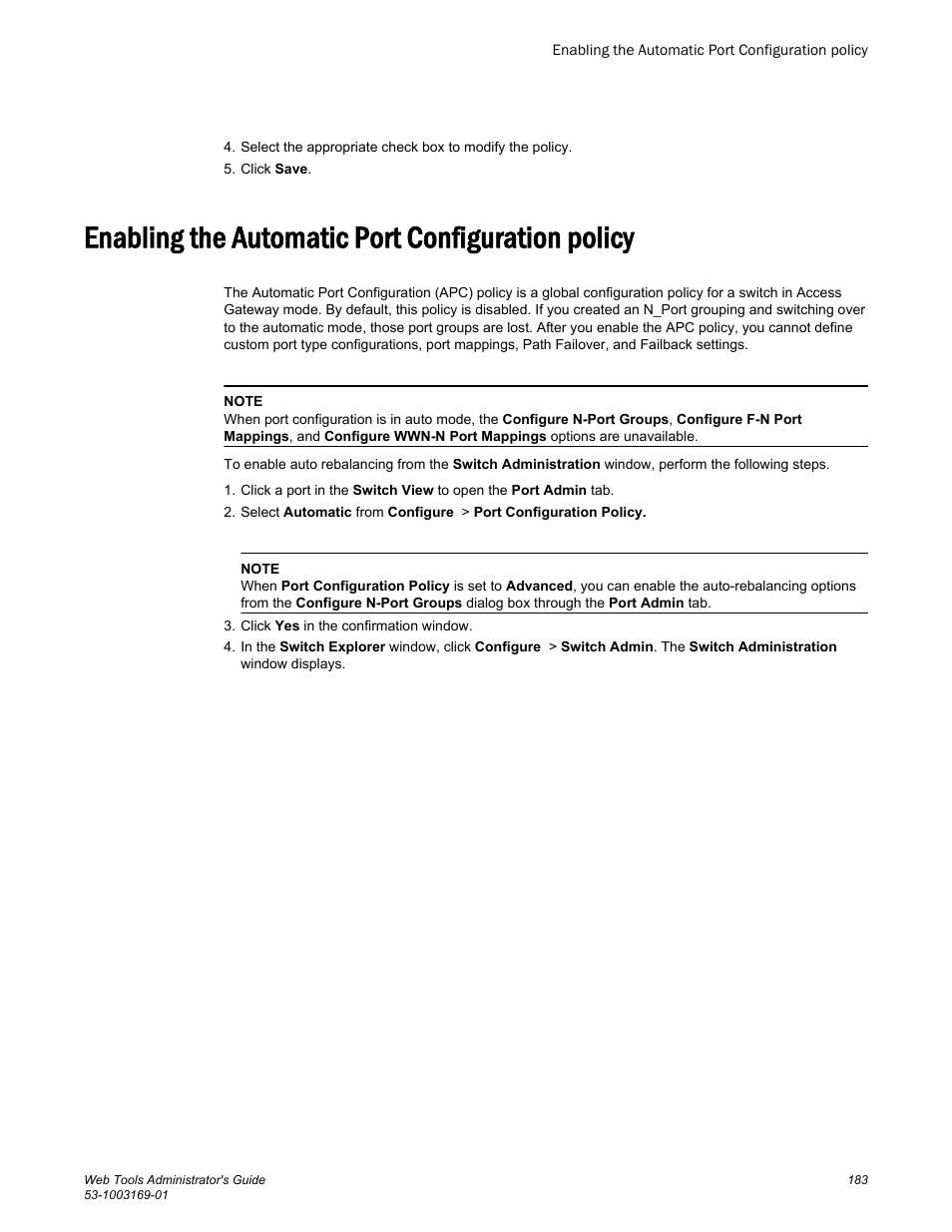 Enabling the automatic port configuration policy | Brocade Web Tools Administrators Guide (Supporting Fabric OS v7.3.0) User Manual | Page 183 / 274