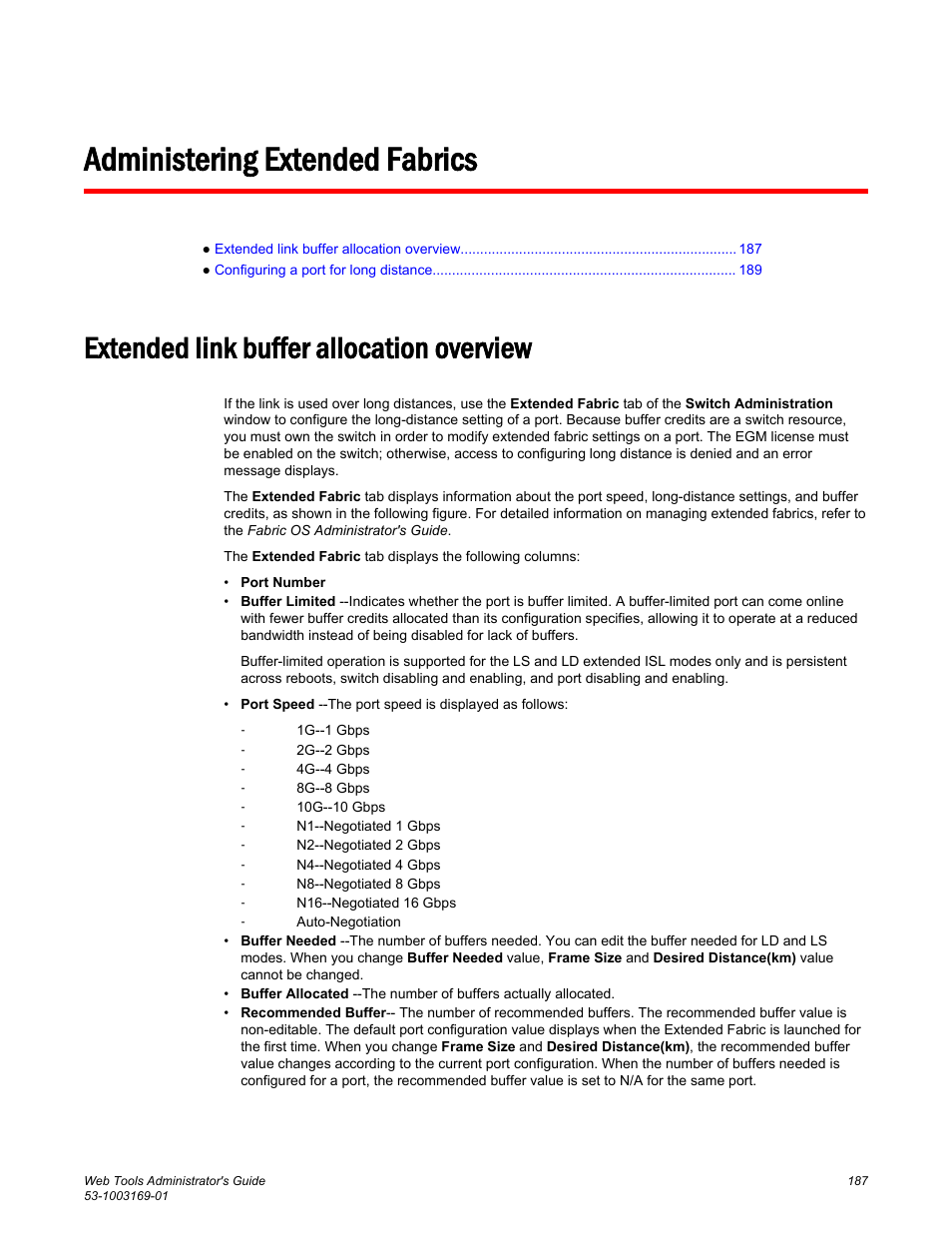 Administering extended fabrics, Extended link buffer allocation overview, Administering | Extended fabrics | Brocade Web Tools Administrators Guide (Supporting Fabric OS v7.3.0) User Manual | Page 187 / 274