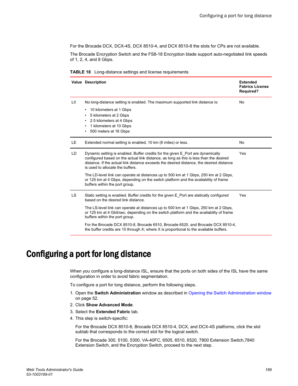 Configuring a port for long distance | Brocade Web Tools Administrators Guide (Supporting Fabric OS v7.3.0) User Manual | Page 189 / 274