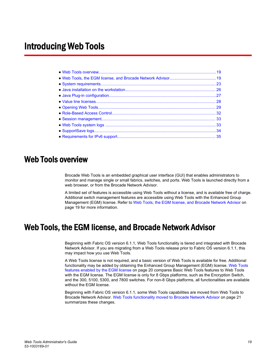 Introducing web tools, Web tools overview | Brocade Web Tools Administrators Guide (Supporting Fabric OS v7.3.0) User Manual | Page 19 / 274