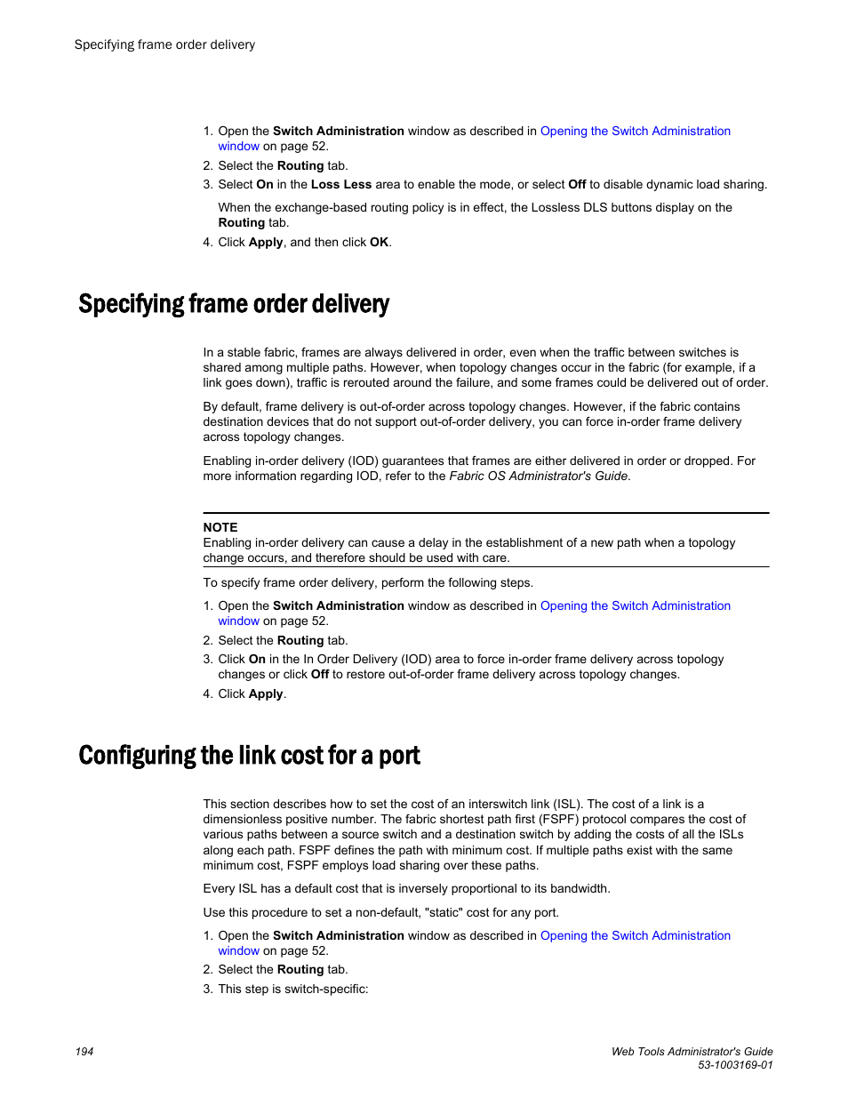 Specifying frame order delivery, Configuring the link cost for a port | Brocade Web Tools Administrators Guide (Supporting Fabric OS v7.3.0) User Manual | Page 194 / 274