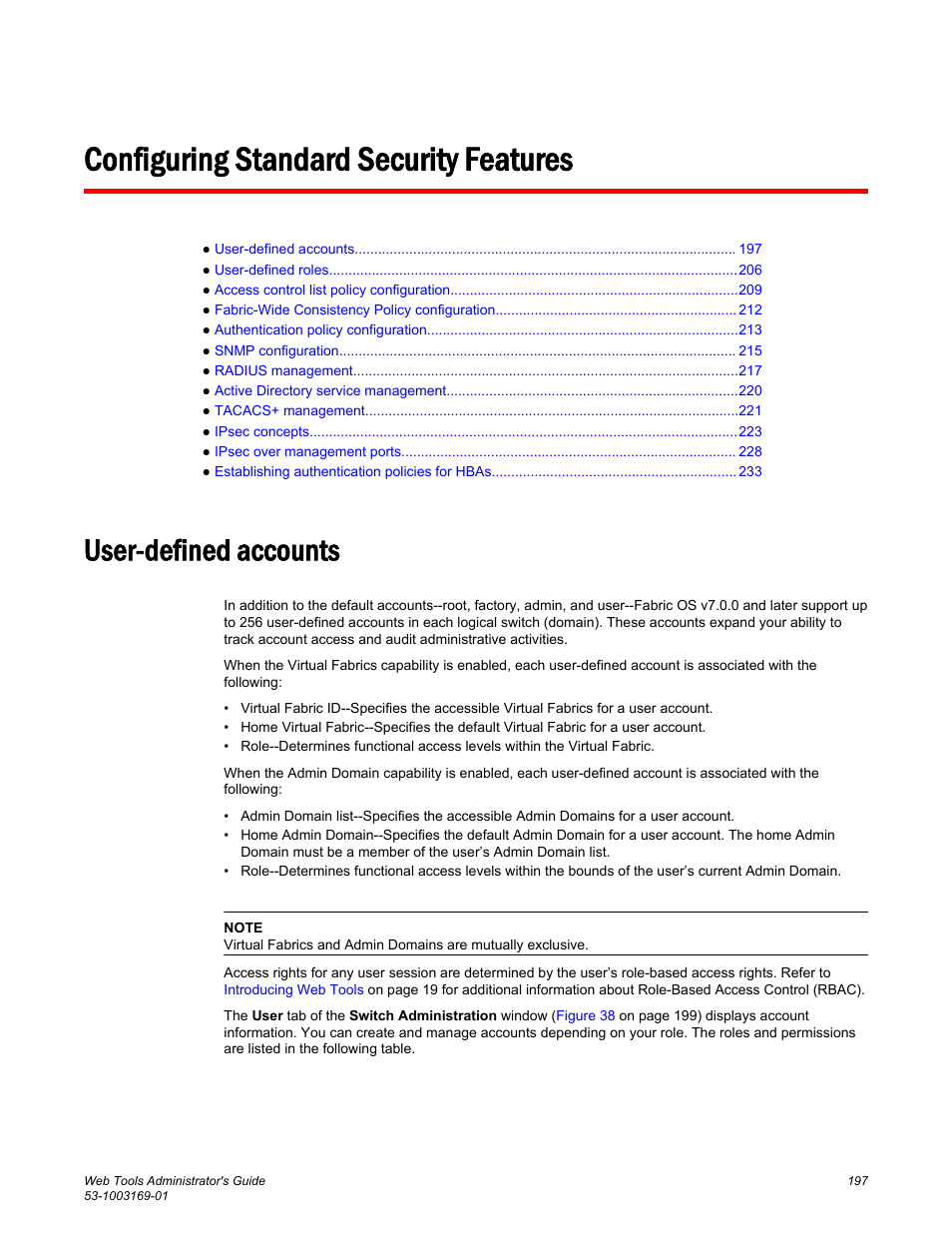 Configuring standard security features, User-defined accounts | Brocade Web Tools Administrators Guide (Supporting Fabric OS v7.3.0) User Manual | Page 197 / 274