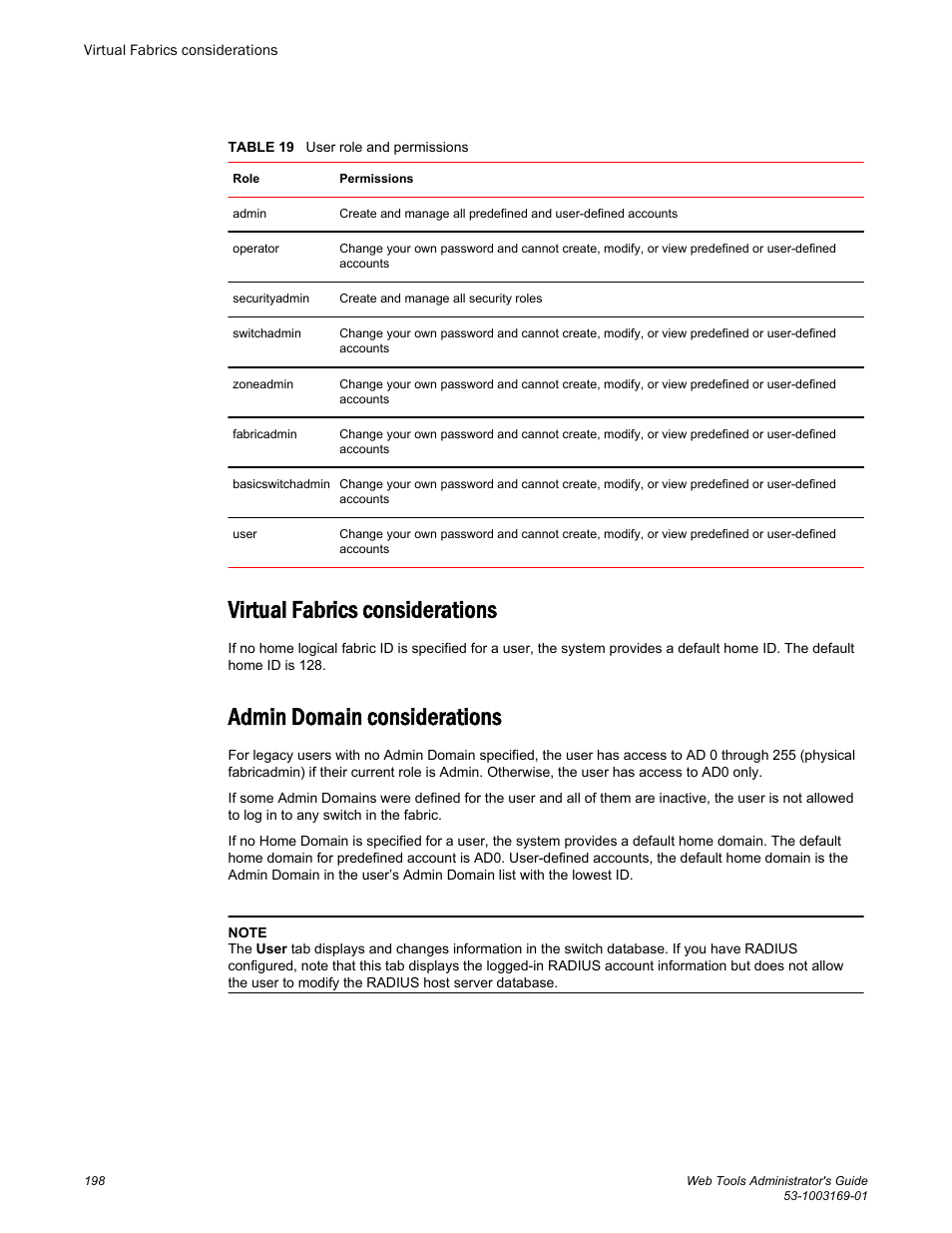 Virtual fabrics considerations, Admin domain considerations | Brocade Web Tools Administrators Guide (Supporting Fabric OS v7.3.0) User Manual | Page 198 / 274