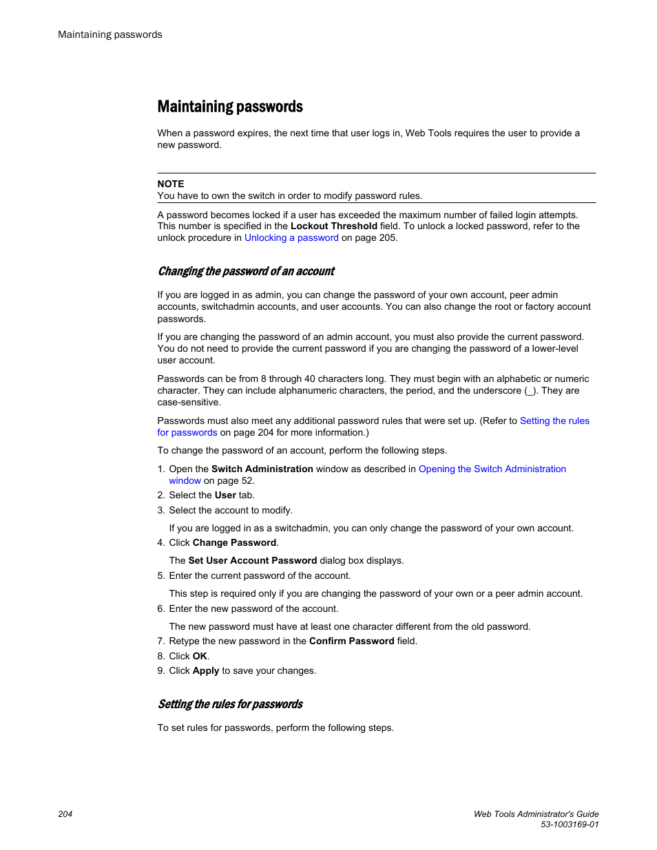 Maintaining passwords, Changing the password of an account, Setting the rules for passwords | Brocade Web Tools Administrators Guide (Supporting Fabric OS v7.3.0) User Manual | Page 204 / 274