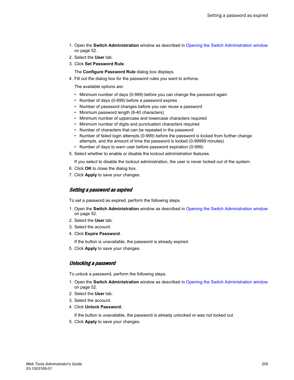 Setting a password as expired, Unlocking a password | Brocade Web Tools Administrators Guide (Supporting Fabric OS v7.3.0) User Manual | Page 205 / 274