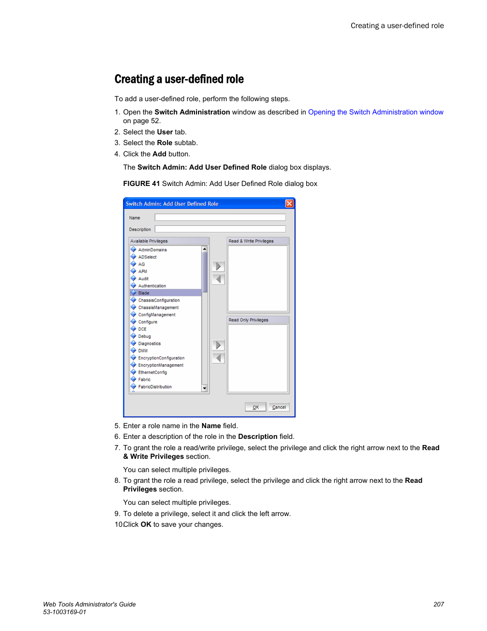 Creating a user-defined role | Brocade Web Tools Administrators Guide (Supporting Fabric OS v7.3.0) User Manual | Page 207 / 274