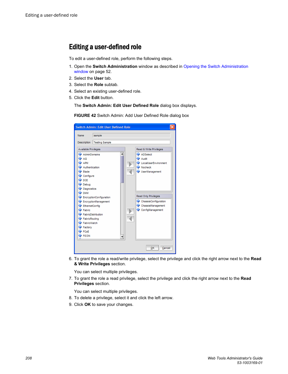 Editing a user-defined role | Brocade Web Tools Administrators Guide (Supporting Fabric OS v7.3.0) User Manual | Page 208 / 274