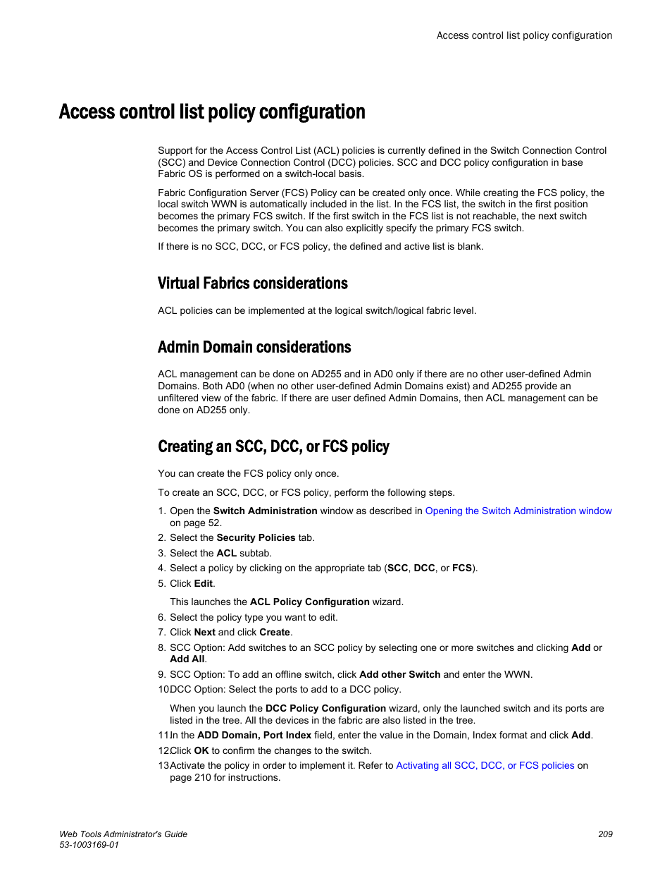 Access control list policy configuration, Virtual fabrics considerations, Admin domain considerations | Creating an scc, dcc, or fcs policy | Brocade Web Tools Administrators Guide (Supporting Fabric OS v7.3.0) User Manual | Page 209 / 274