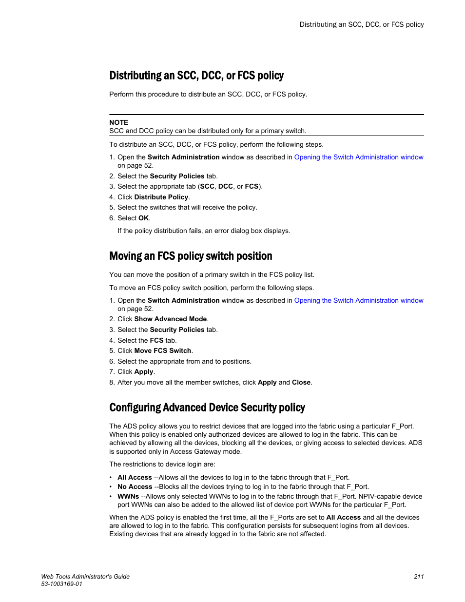 Distributing an scc, dcc, or fcs policy, Moving an fcs policy switch position, Configuring advanced device security policy | Brocade Web Tools Administrators Guide (Supporting Fabric OS v7.3.0) User Manual | Page 211 / 274