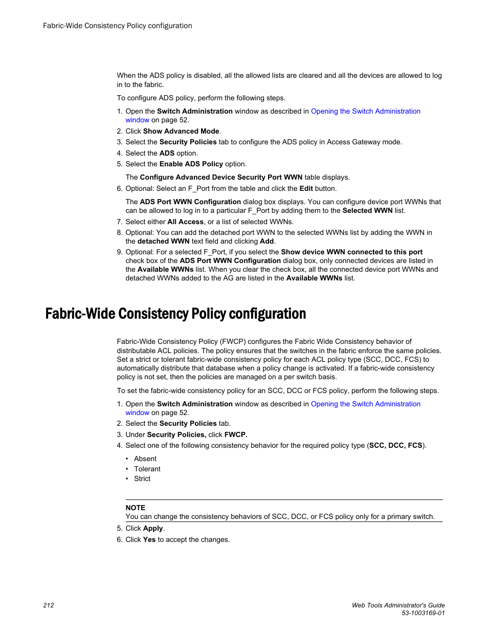 Fabric-wide consistency policy configuration | Brocade Web Tools Administrators Guide (Supporting Fabric OS v7.3.0) User Manual | Page 212 / 274