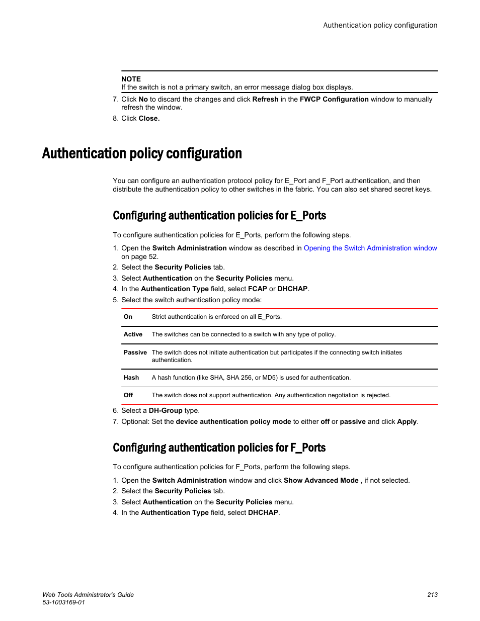 Authentication policy configuration, Configuring authentication policies for e_ports, Configuring authentication policies for f_ports | Brocade Web Tools Administrators Guide (Supporting Fabric OS v7.3.0) User Manual | Page 213 / 274