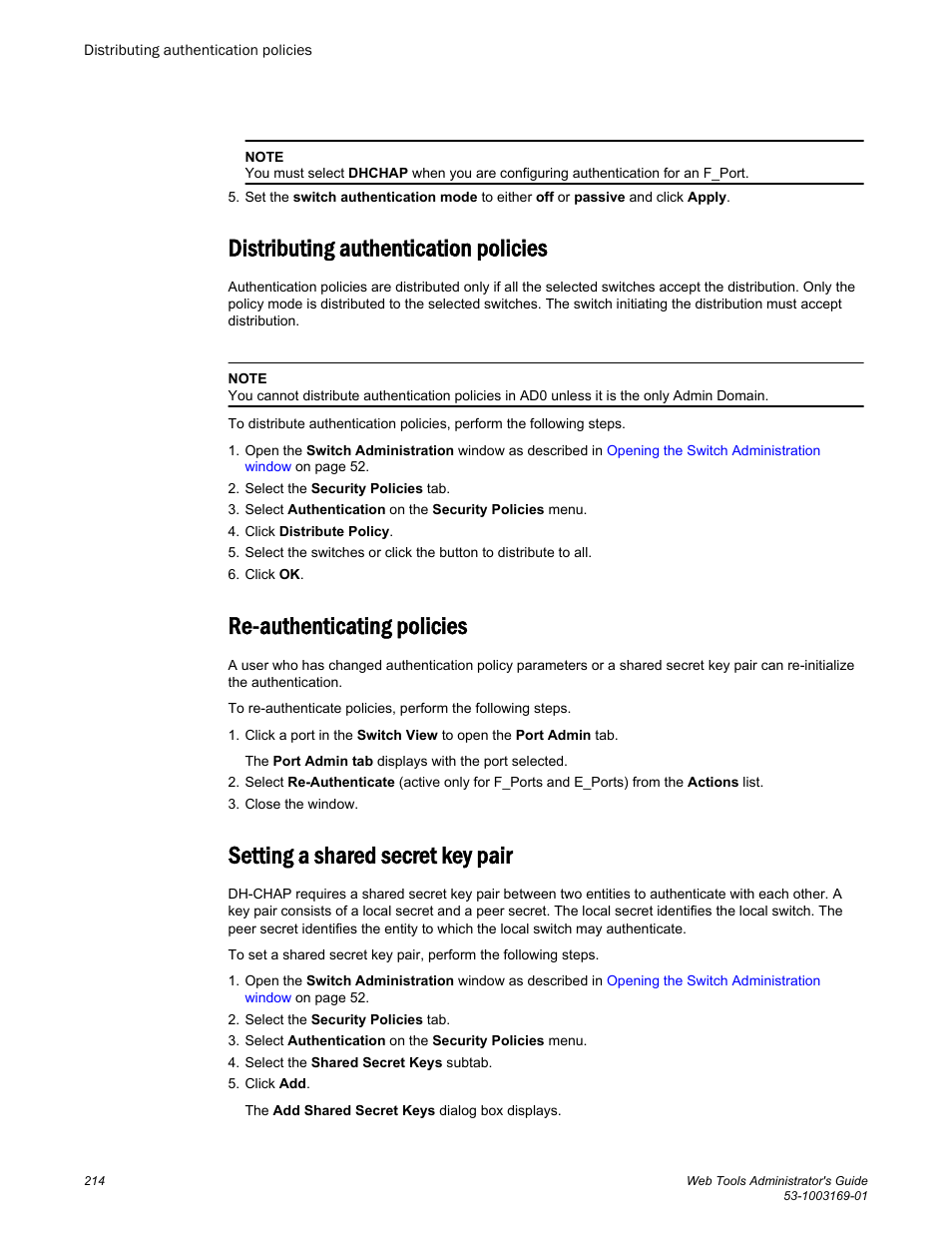 Distributing authentication policies, Re-authenticating policies, Setting a shared secret key pair | Brocade Web Tools Administrators Guide (Supporting Fabric OS v7.3.0) User Manual | Page 214 / 274