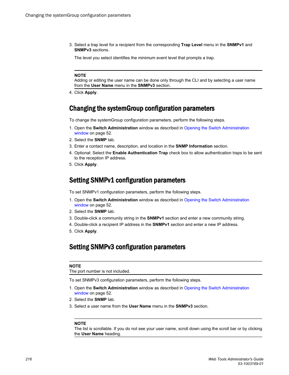 Changing the systemgroup configuration parameters, Setting snmpv1 configuration parameters, Setting snmpv3 configuration parameters | Brocade Web Tools Administrators Guide (Supporting Fabric OS v7.3.0) User Manual | Page 216 / 274