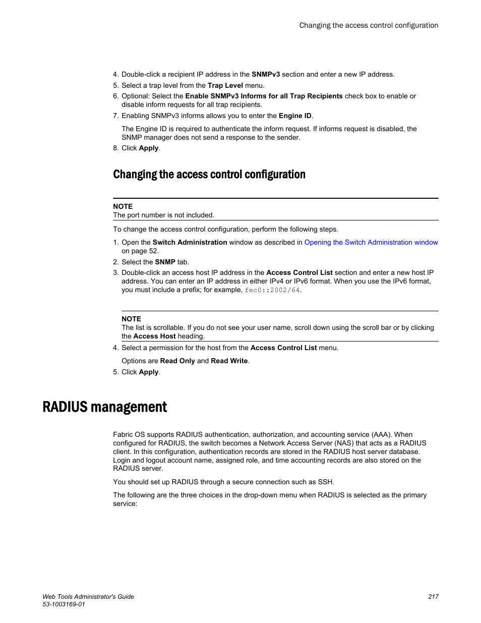 Changing the access control configuration, Radius management | Brocade Web Tools Administrators Guide (Supporting Fabric OS v7.3.0) User Manual | Page 217 / 274