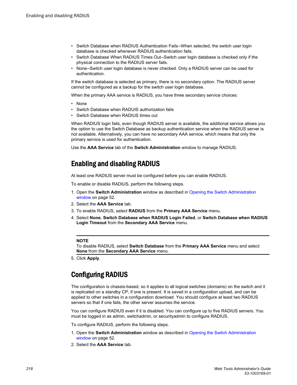 Enabling and disabling radius, Configuring radius, Enabling and disabling radius configuring radius | Brocade Web Tools Administrators Guide (Supporting Fabric OS v7.3.0) User Manual | Page 218 / 274