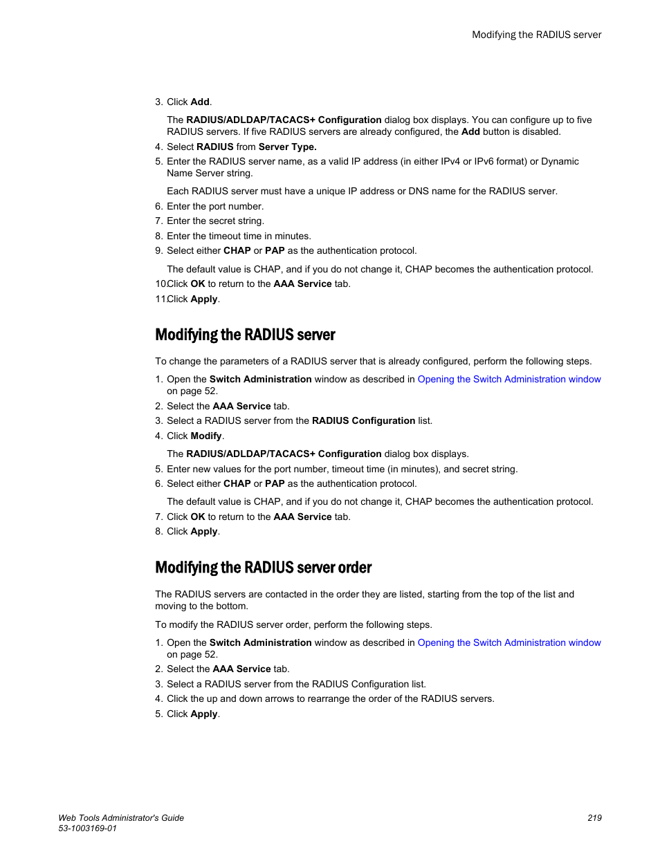 Modifying the radius server, Modifying the radius server order | Brocade Web Tools Administrators Guide (Supporting Fabric OS v7.3.0) User Manual | Page 219 / 274