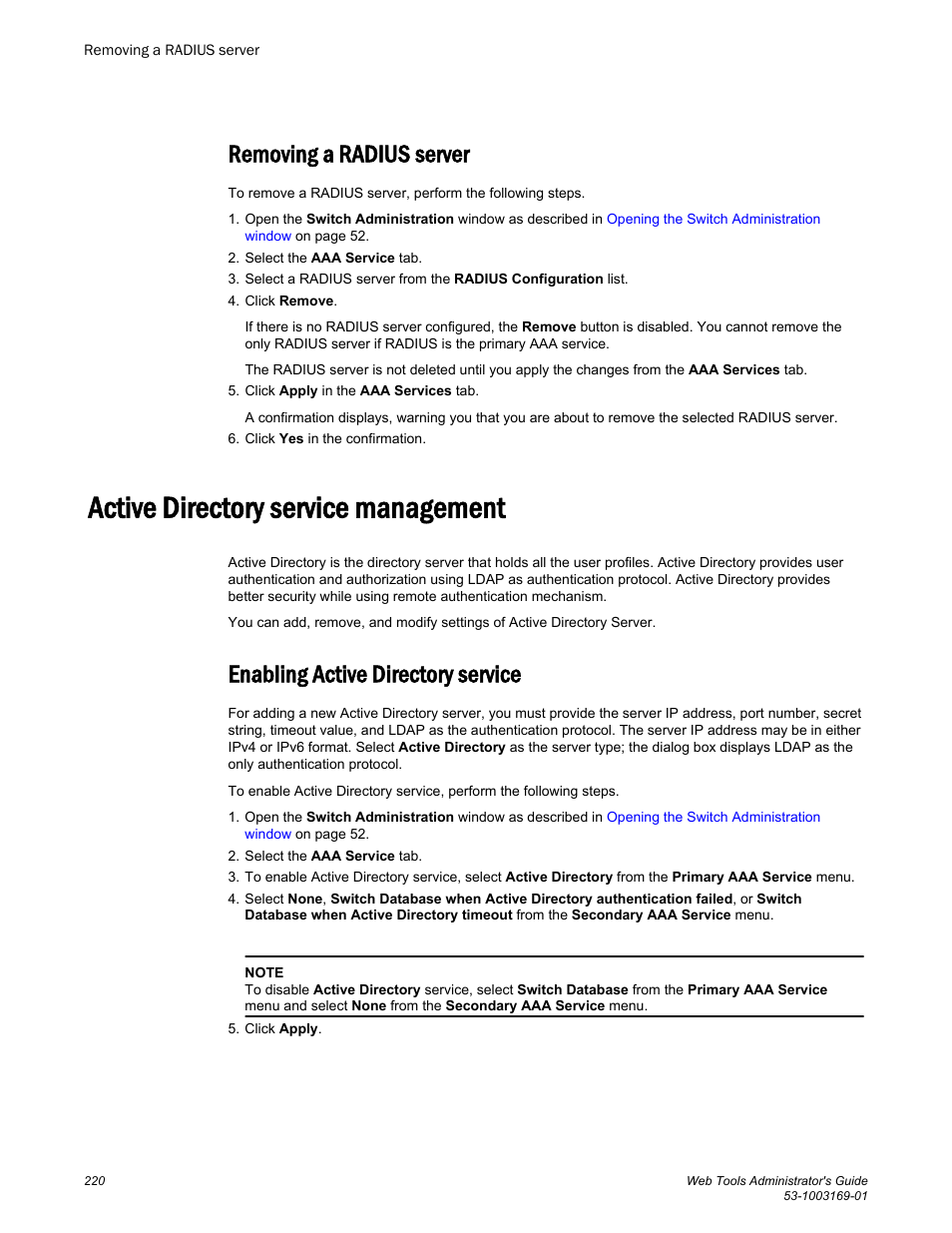 Removing a radius server, Active directory service management, Enabling active directory service | Brocade Web Tools Administrators Guide (Supporting Fabric OS v7.3.0) User Manual | Page 220 / 274