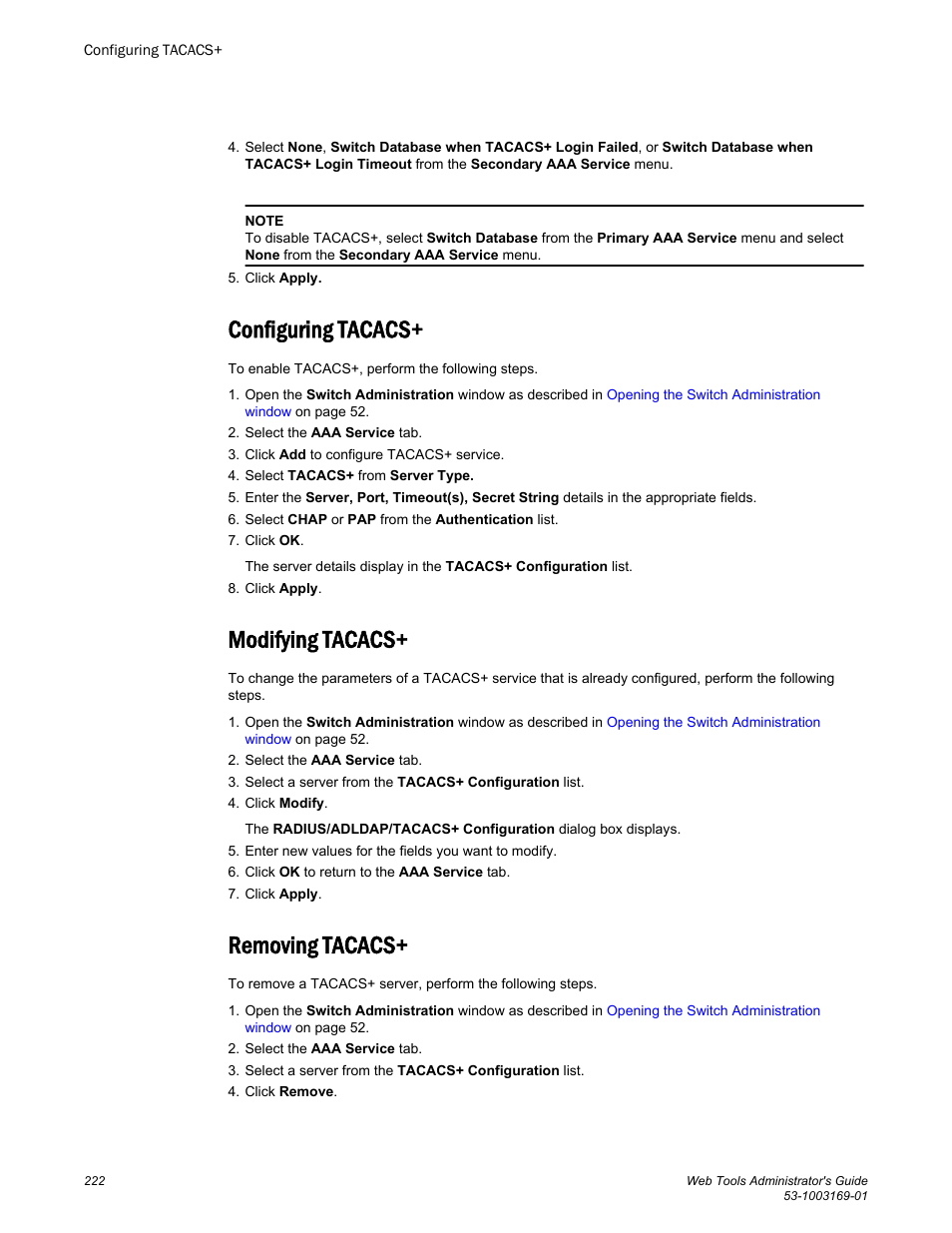 Configuring tacacs, Modifying tacacs, Removing tacacs | Modifying tacacs+ removing tacacs | Brocade Web Tools Administrators Guide (Supporting Fabric OS v7.3.0) User Manual | Page 222 / 274