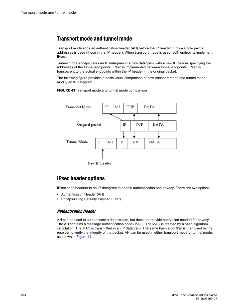 Transport mode and tunnel mode, Ipsec header options, Authentication header | Brocade Web Tools Administrators Guide (Supporting Fabric OS v7.3.0) User Manual | Page 224 / 274