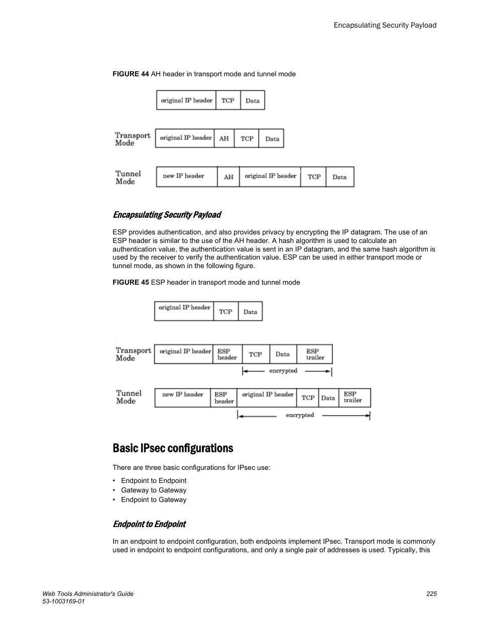 Encapsulating security payload, Basic ipsec configurations, Endpoint to endpoint | Brocade Web Tools Administrators Guide (Supporting Fabric OS v7.3.0) User Manual | Page 225 / 274